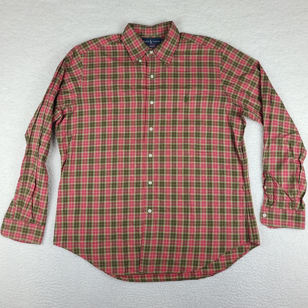 Ralph Lauren Shirt Men Large Multi Color Plaid Classic Fit Dress Button Down VTG